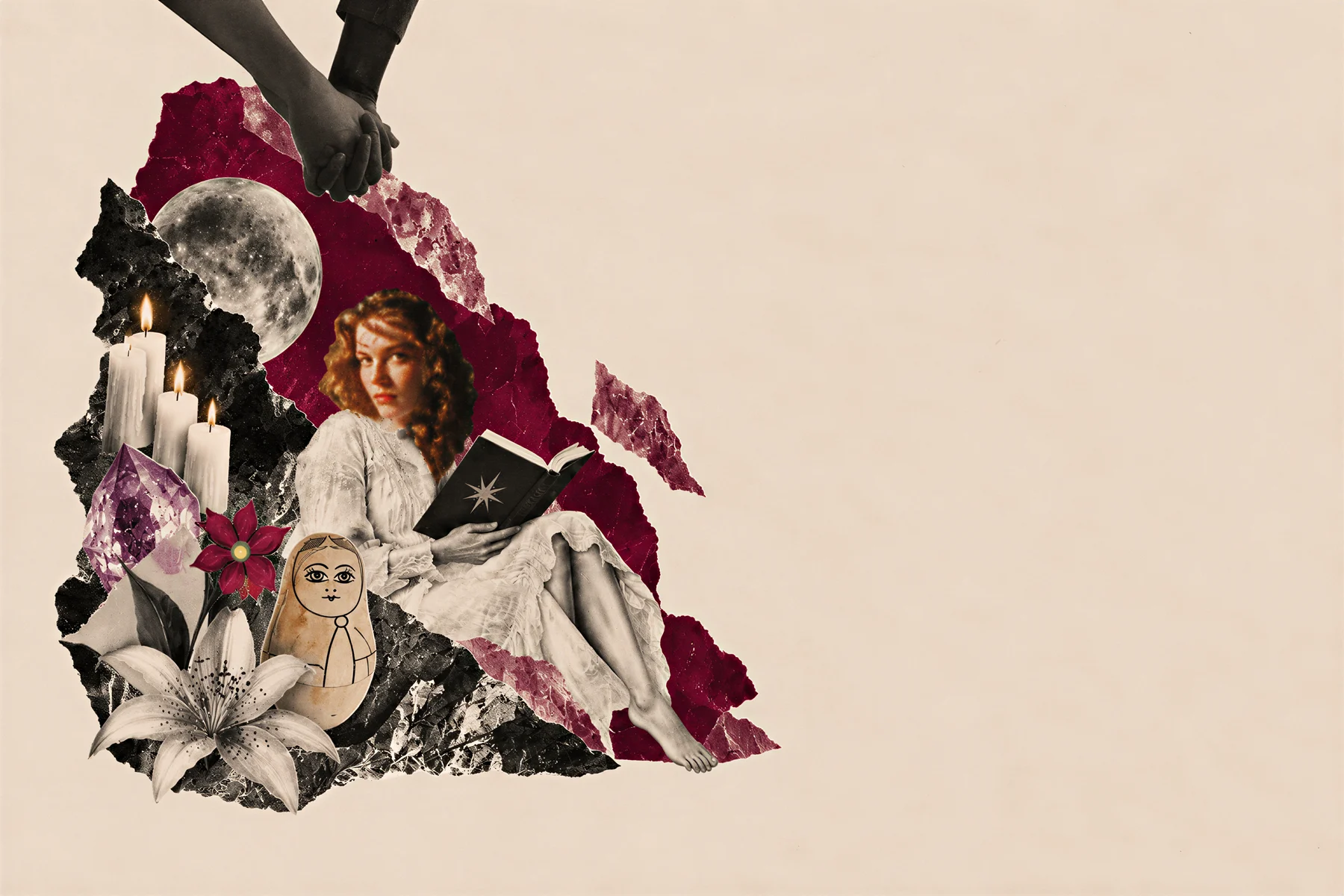 Collage: a woman in a white dress reads a book with a star on its cover, beside candles, a full moon, a lily, a nesting doll and an amethyst, with two clasped hands above