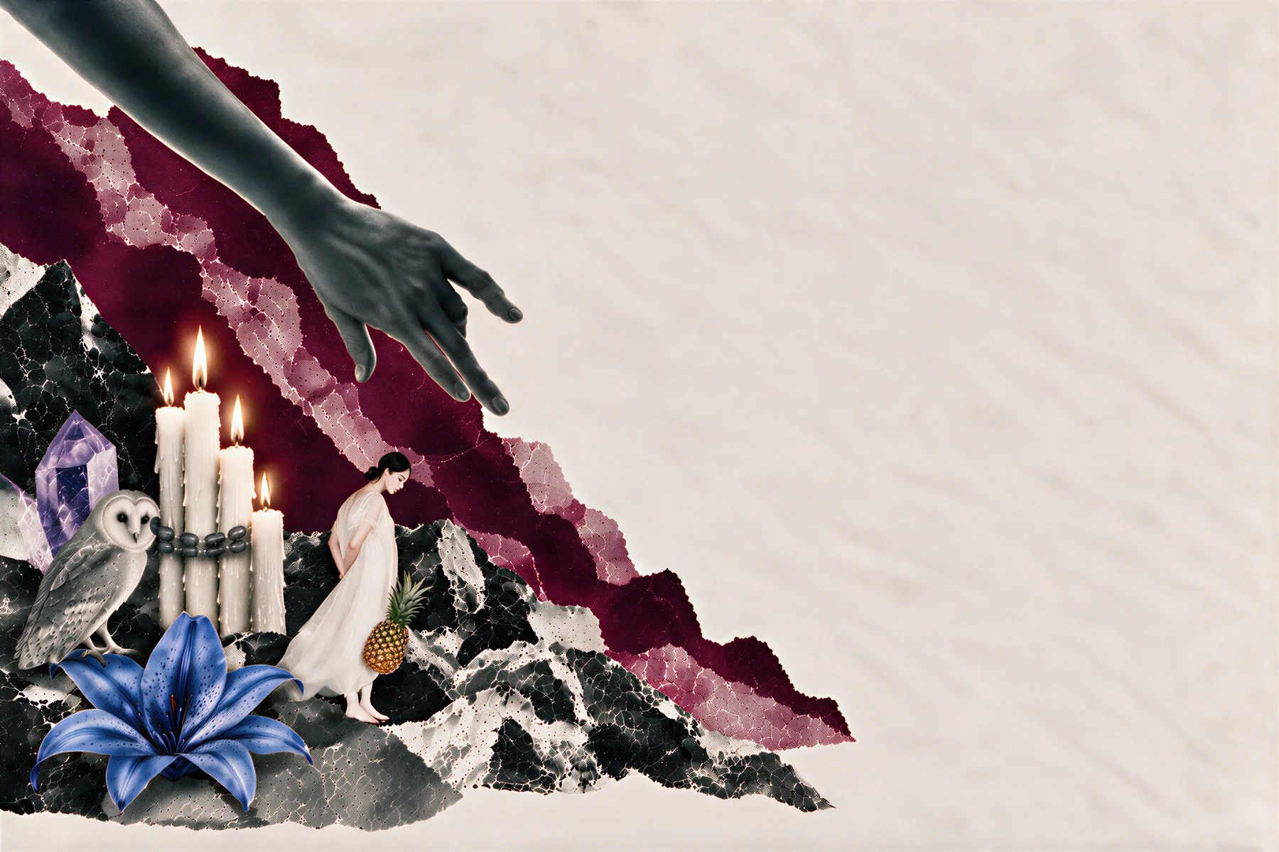 Collage: a hand reaches down toward a small dancing figure among candles, an owl, a cobalt-blue lily and an amethyst crystal, with crimson torn paper
