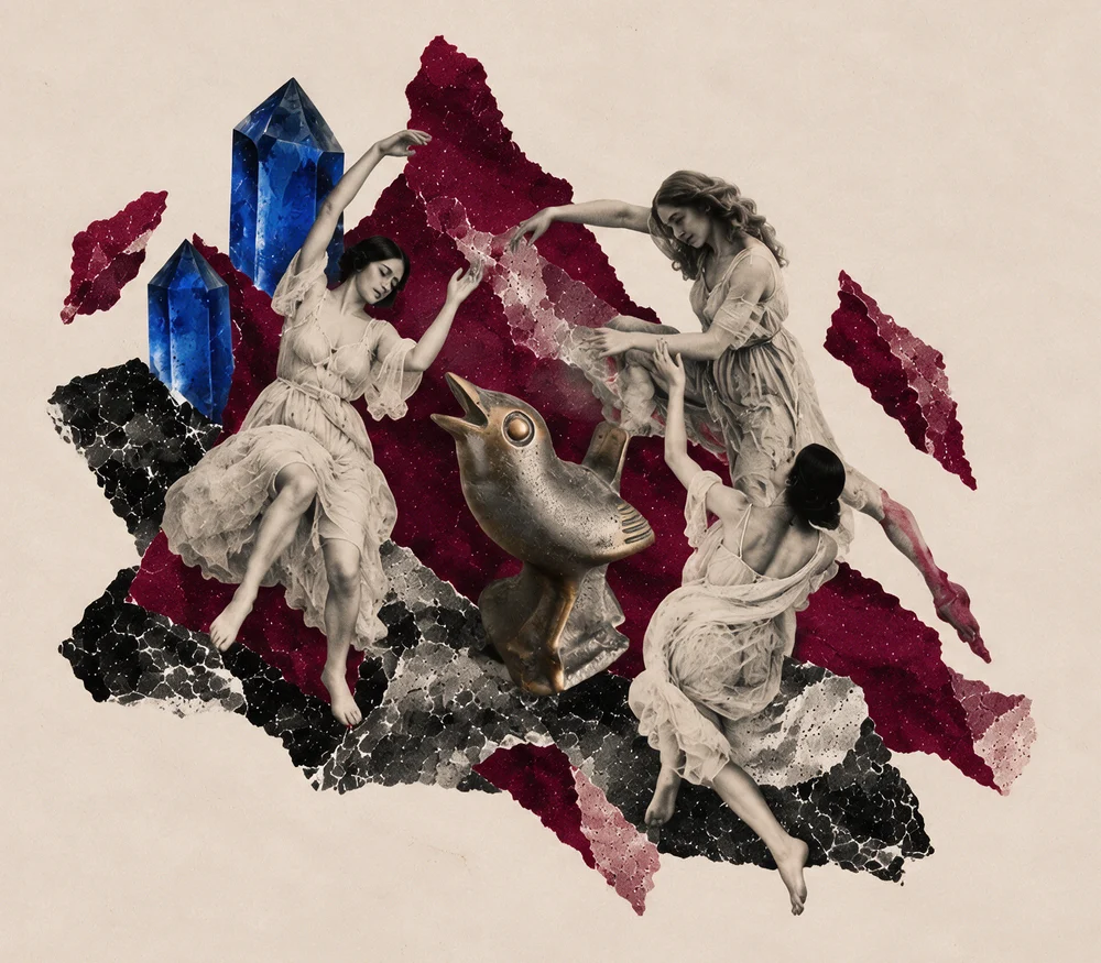 Collage: three women in flowing white dresses dance around a bronze bird, with blue crystals and crimson torn paper