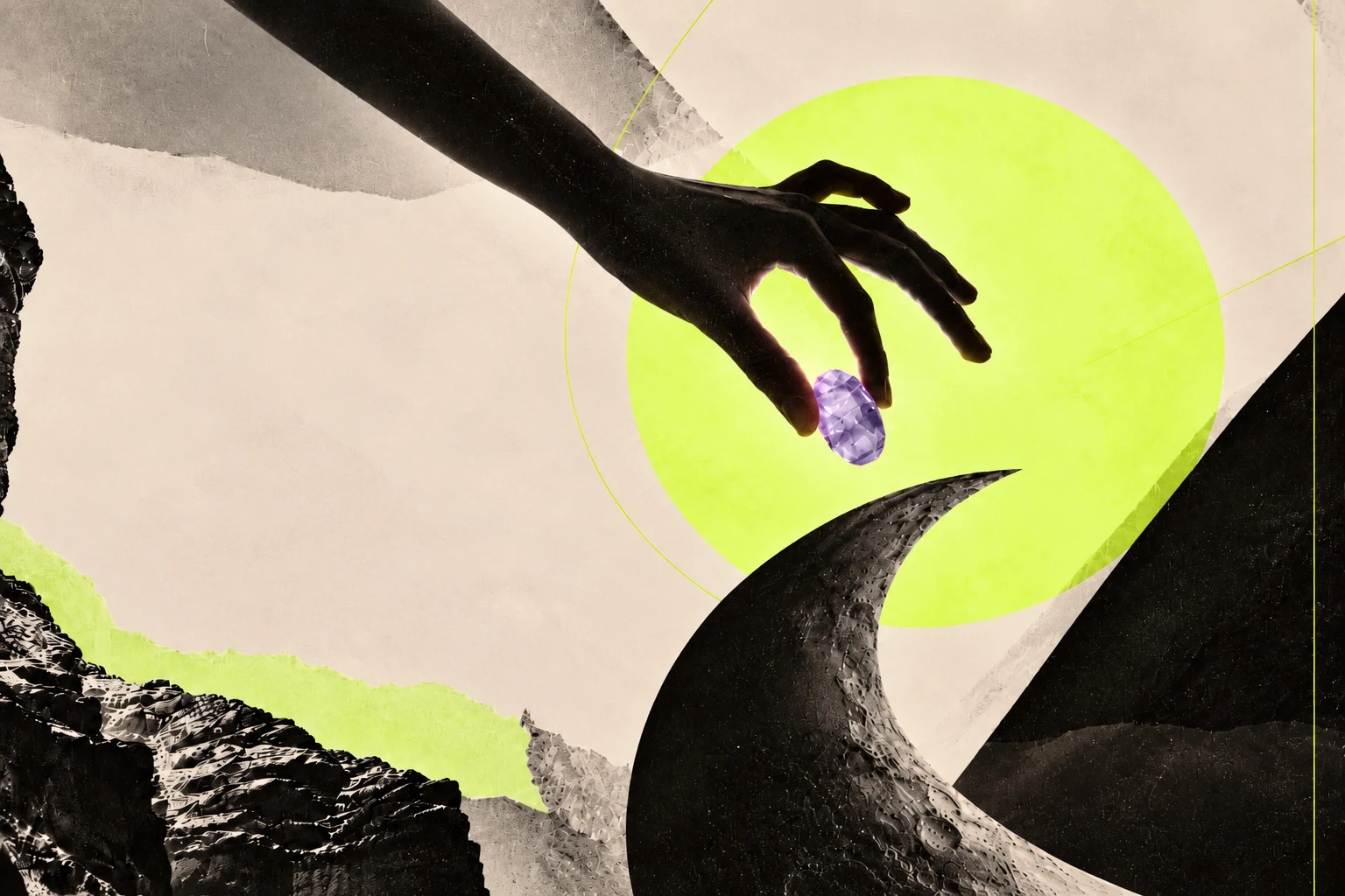 A hand lowers an amethyst into a lime-green sun above a crescent moon