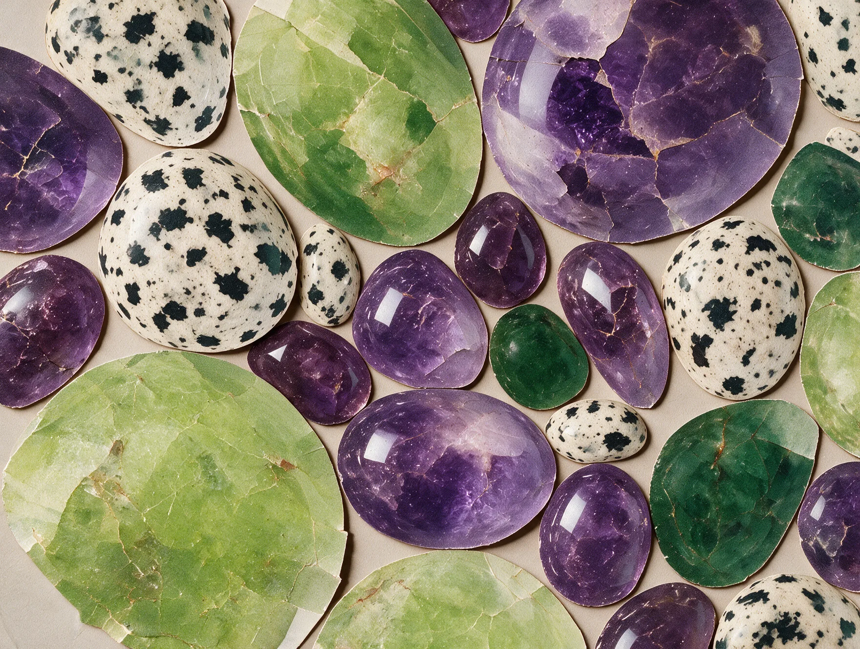 Collage of paper-cut stones: amethyst, green aventurine and spotted dalmatian jasper on cream paper