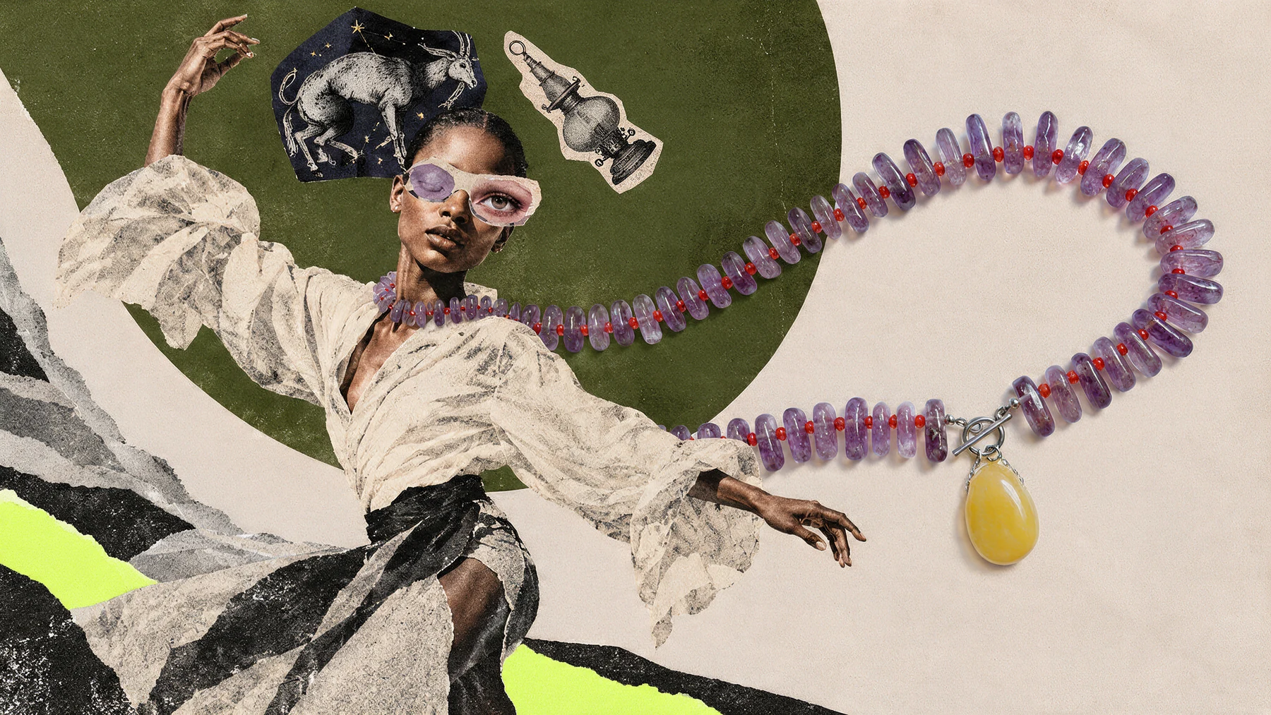Collage: a dancer in a paper blouse wearing a long amethyst and carnelian necklace with a yellow stone pendant, an oil lamp and a zodiac goat cutout beside her